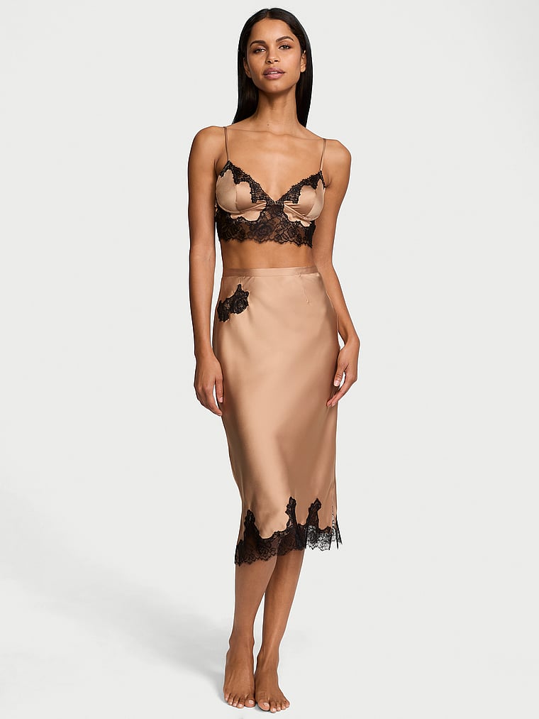 Vithtctoria's Sethtcret Satin Rose Lace-Trim Bralette & Midi Skirt Set